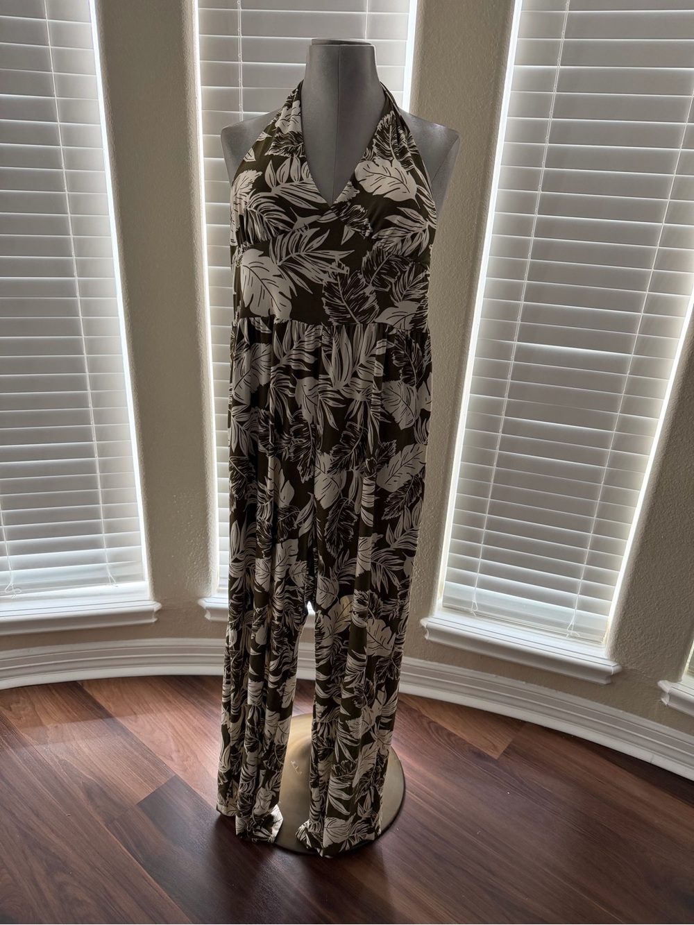 Halter Neck Wide-Leg Jumpsuit in Olive Leaf Print